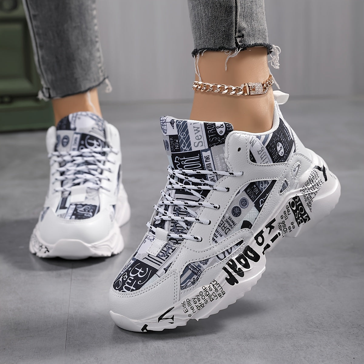 Women's Lightweight Running Shoes - Cushioned Stability Gym Sneakers with Arch Support, Breathable Fabric/PU Upper - All-Season Walking Shoes for Training, Everyday Formal Events - White Black Athletic Footwear, Comfortab