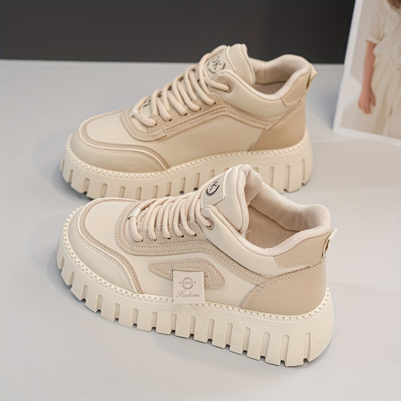 1 Pair Women'S Fashion Mid-Top Casual Sneakers, PU Upper, Fabric Lining, Rubber Sole, and EVA Insole, Lace-Up Design, with All-Season Versatile Athletic Shoes