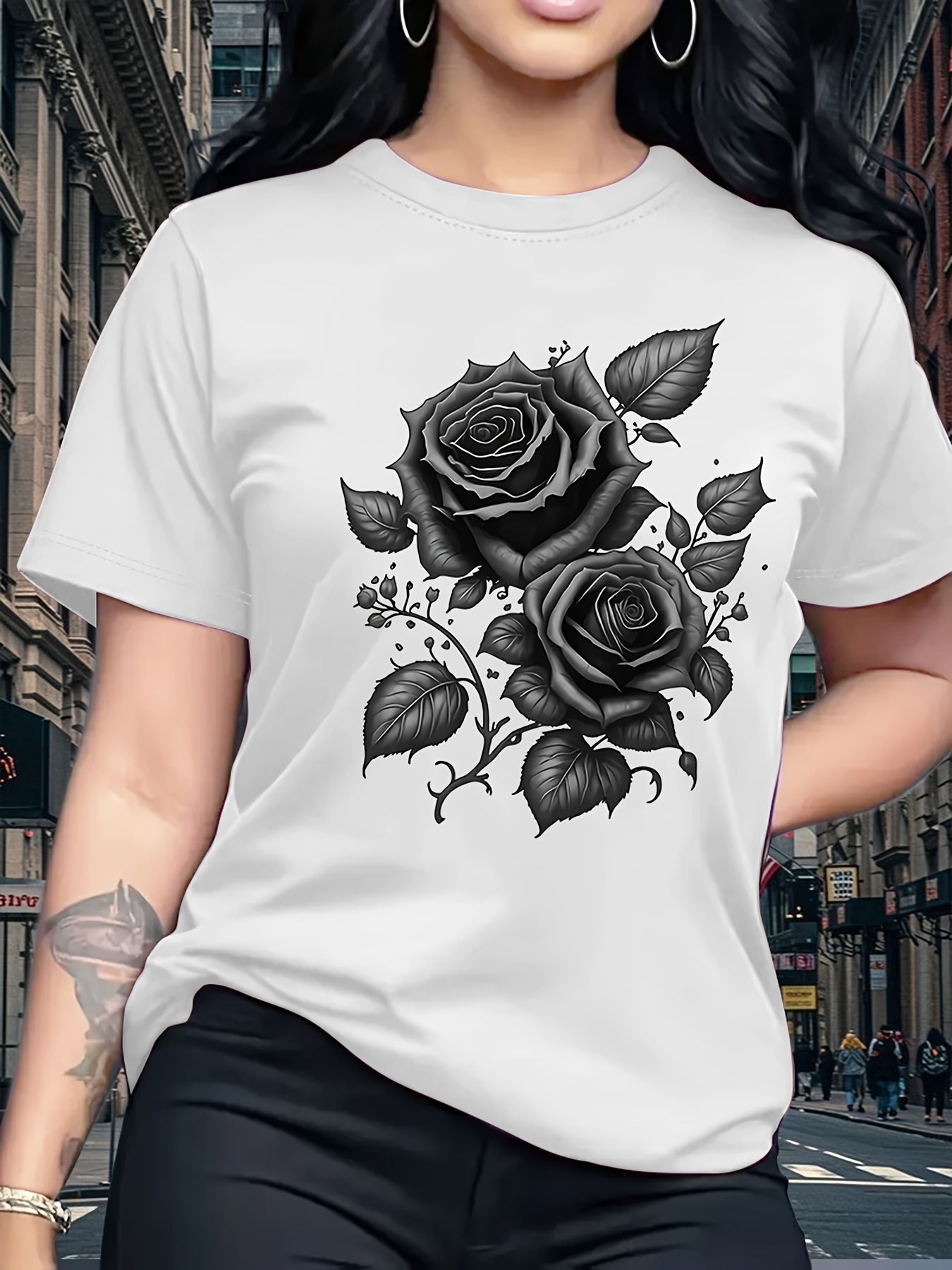 Women's Light Blue Yellow Rose Print T-Shirt - Short Sleeve Crew Neck Casual Top with Medium Stretch, Machine Washable & Breathable Fabric for All-Season Comfort, Relaxed Style, Graphic Tee, Stretchy Material, Printed Shirt,