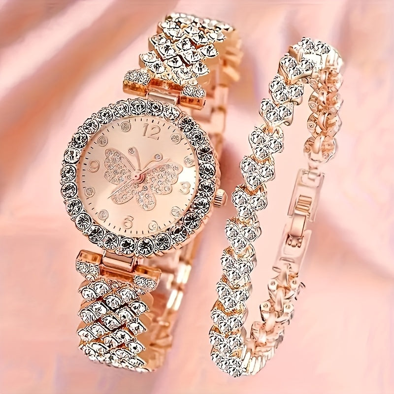 2pcs Elegant Butterfly Quartz Watch & Ladies Jewelry Set - Perfect Gift, Eternal Style and Exquisite Design, Zinc Alloy Strap and Zinc Alloy Case, Quartz Movement, Accurate, Durable, Fashionable Women's Gift, Especially Suita