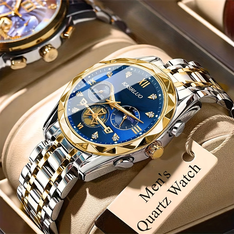 1pc Men'S Stainless Steel Quartz Watch with IPX7, Luminous Display, Rhinestone Accents, Scratch-Resistant Dial, Date Window & Chronograph Function - Stylish Casual Timepiece for Casual Attire, Everyday Timepiece | Luminous Wa