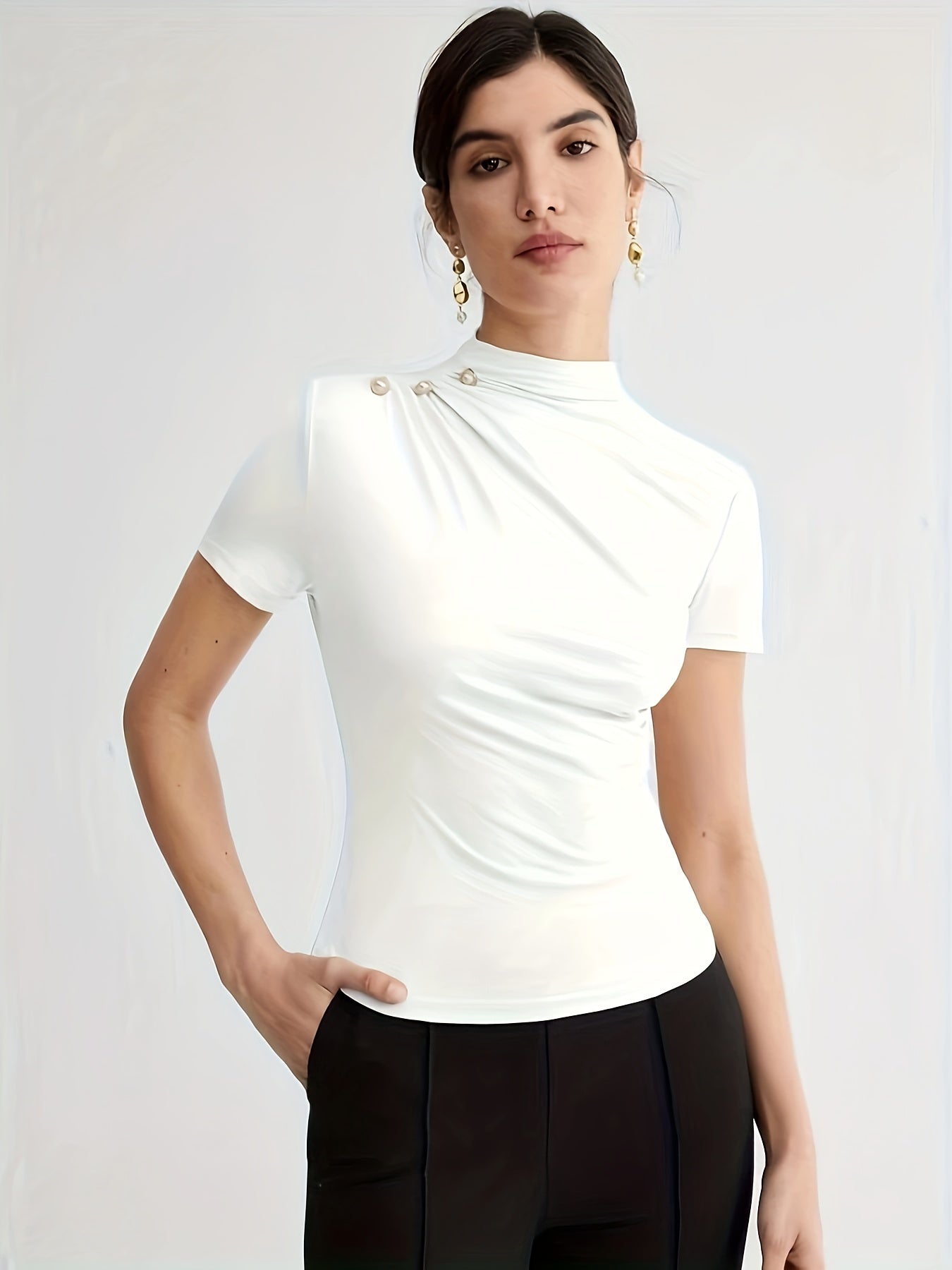Elegant White Short Sleeve Turtleneck Top with Button Detail - Versatile Summer Blouse for Women, Casual Attire|Minimalist Style|Sleek Fit