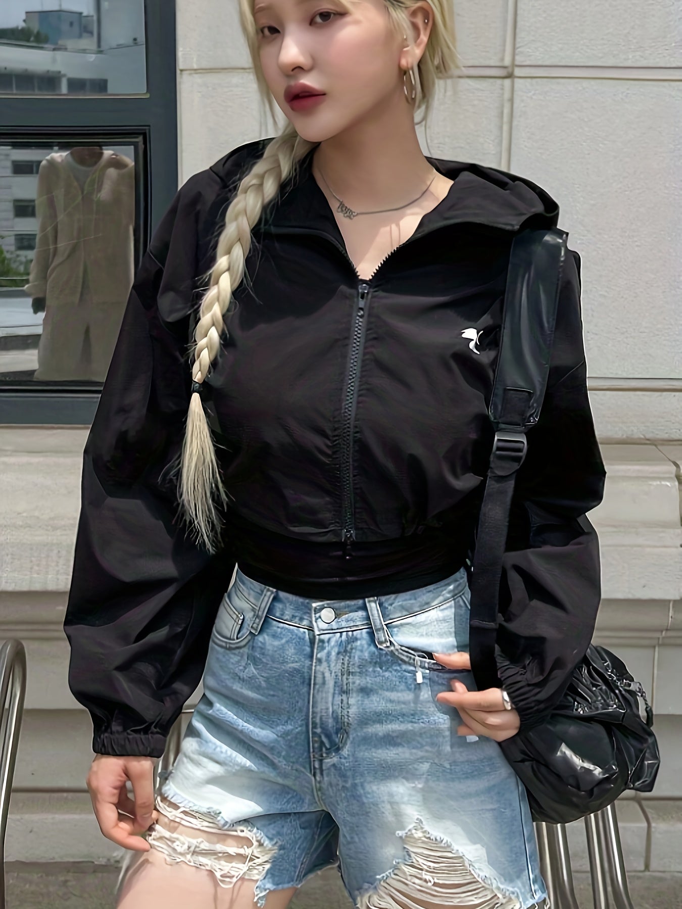 Chic Hooded Jacket for Women - Solid Color, Zip-Up, Polyester, Machine Washable - Perfect for Spring/Fall