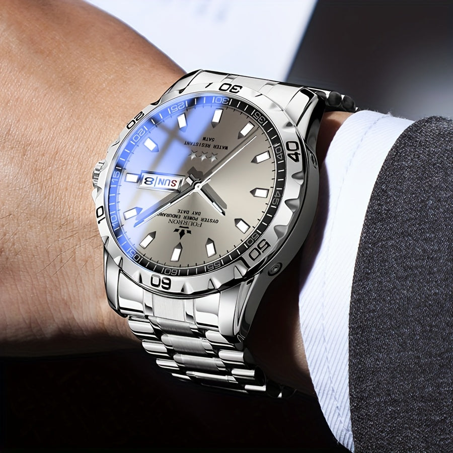FOURRON Stainless Steel Quartz Watch with Black Dial, Date Display, Waterproof, Lightweight, Casual Style, Everyday Watch | Minimalist Watch | Stainless Steel Band