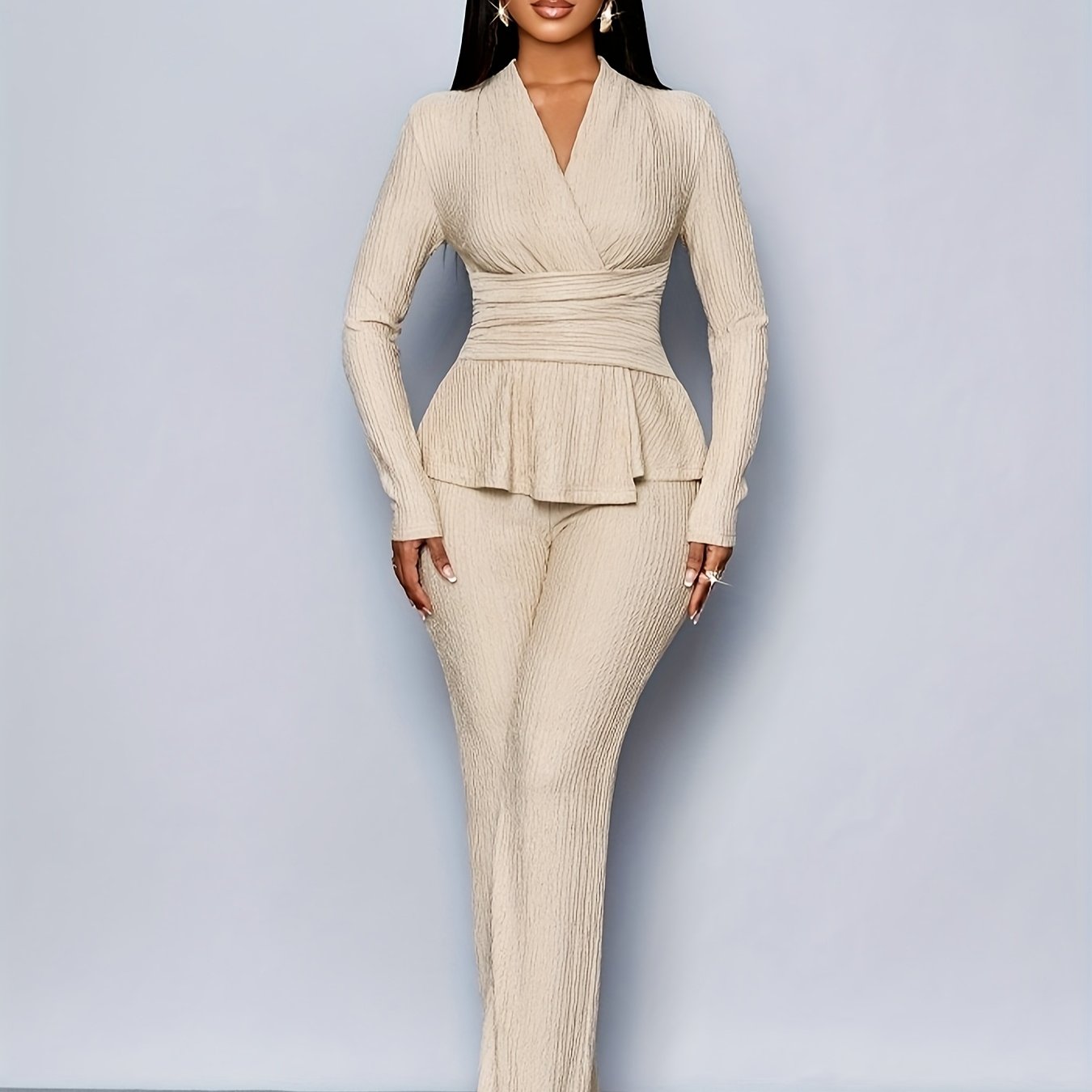 Elegant Women'S V-Neck Long Sleeve Top and Wide Leg Pants Two-Piece Set, Asymmetrical Hem Two-Piece Outfit for Casual Daily Wear, Winter Women'S Clothing