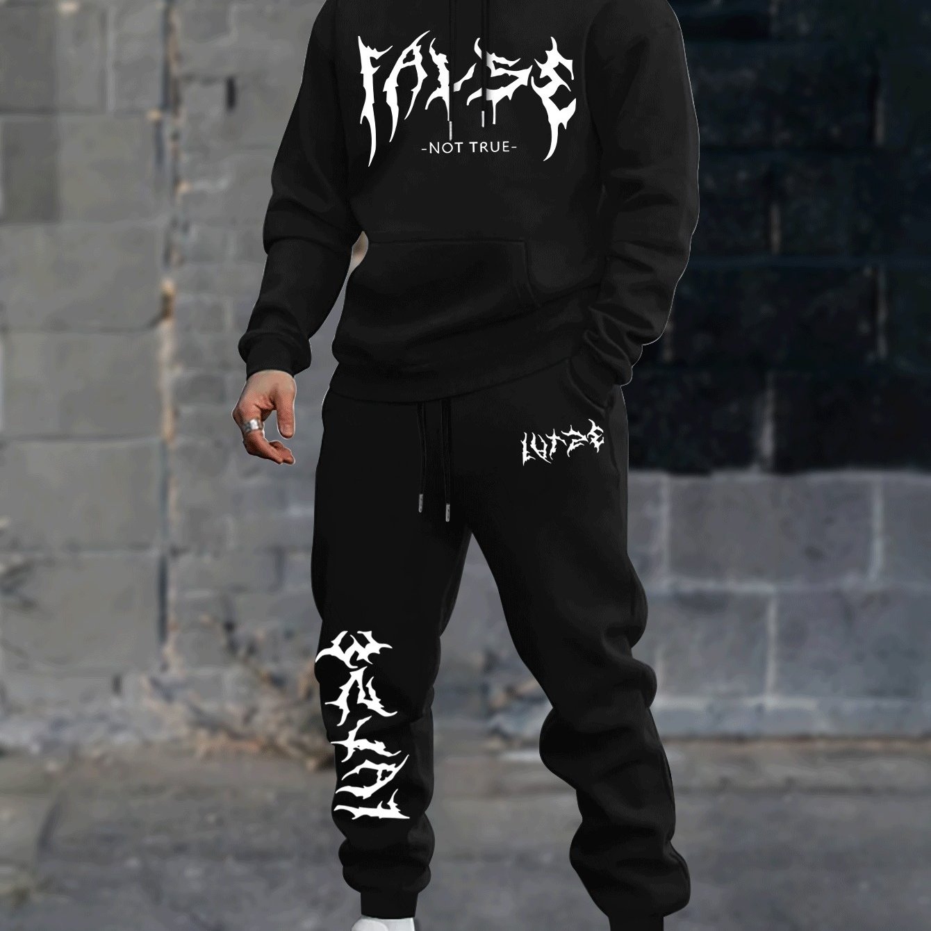 Durable Fabric, Men's Casual Sporty Hoodie and Jogger Set - Trendy Geometric Print, Blue and Black, Polyester Blend, Machine Washable, Perfect for Fall/Winter