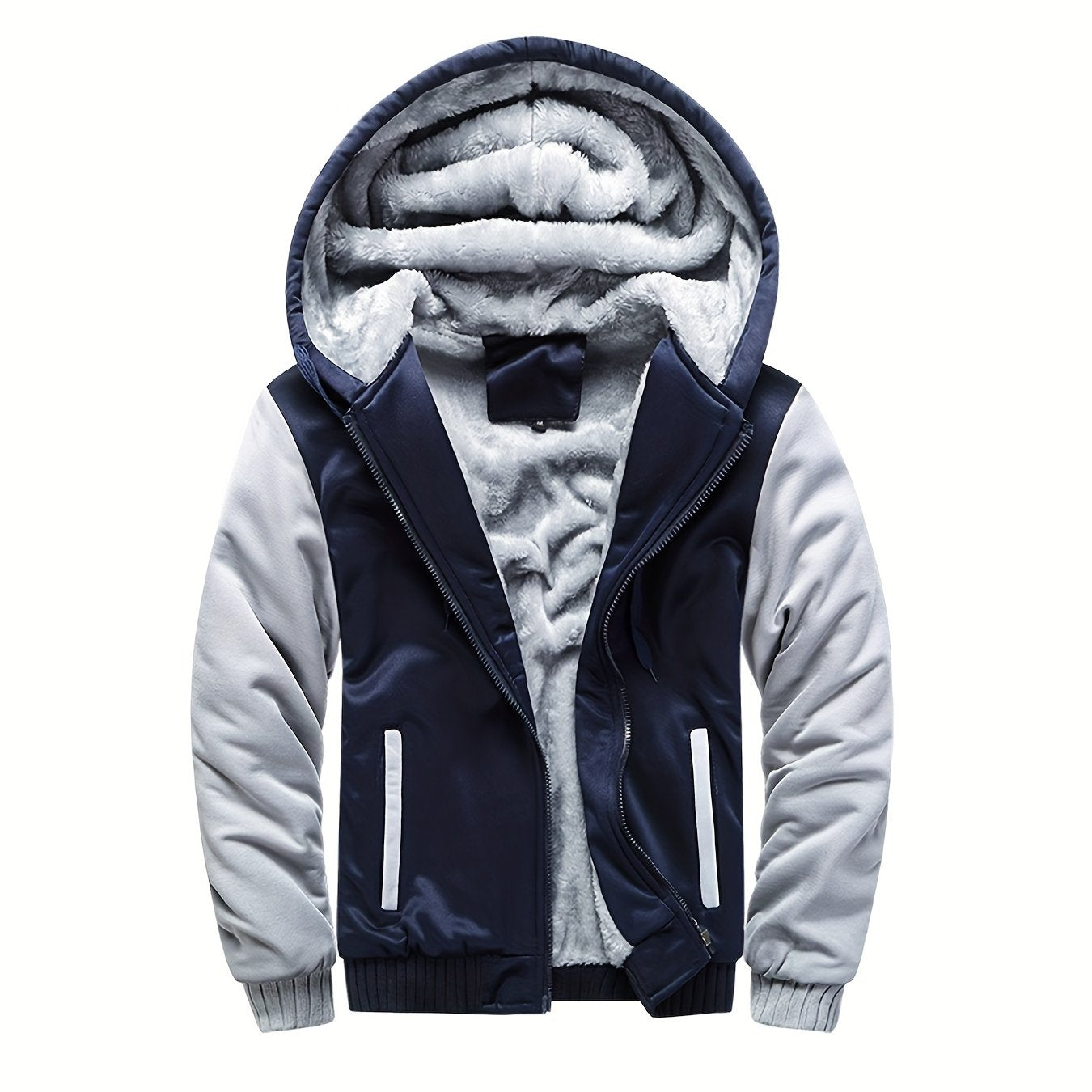Color Block Sherpa Lined Men's Hooded Jacket, Casual Long Sleeve Hoodies With Zipper, Gym Sports Hooded Coat For Winter Fall