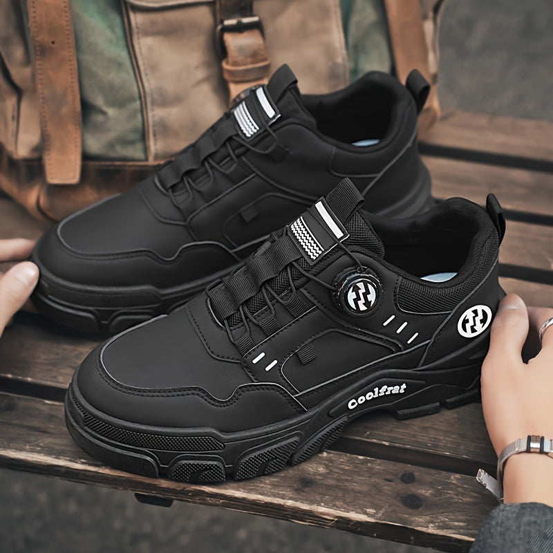 Men's Solid Color Skate Sneakers - Adjustable Rotating Buckle Straps, Slip-Resistant PVC Sole Durable PU Upper, Low-Top Lace-Up Design for Hiking, Walking, Daily Wear - All-Season Casual Streetwear Shoes, Skate Shoes