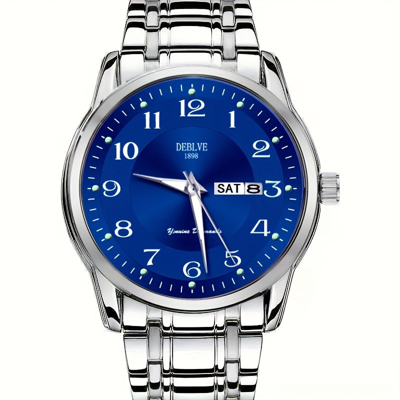 DEBLVE Men'S Fashionable Stainless Steel Watch with Luminous Numbers, Calendar & Week Display - Quartz Movement, Business Style, Ideal for Travel & Daily Use