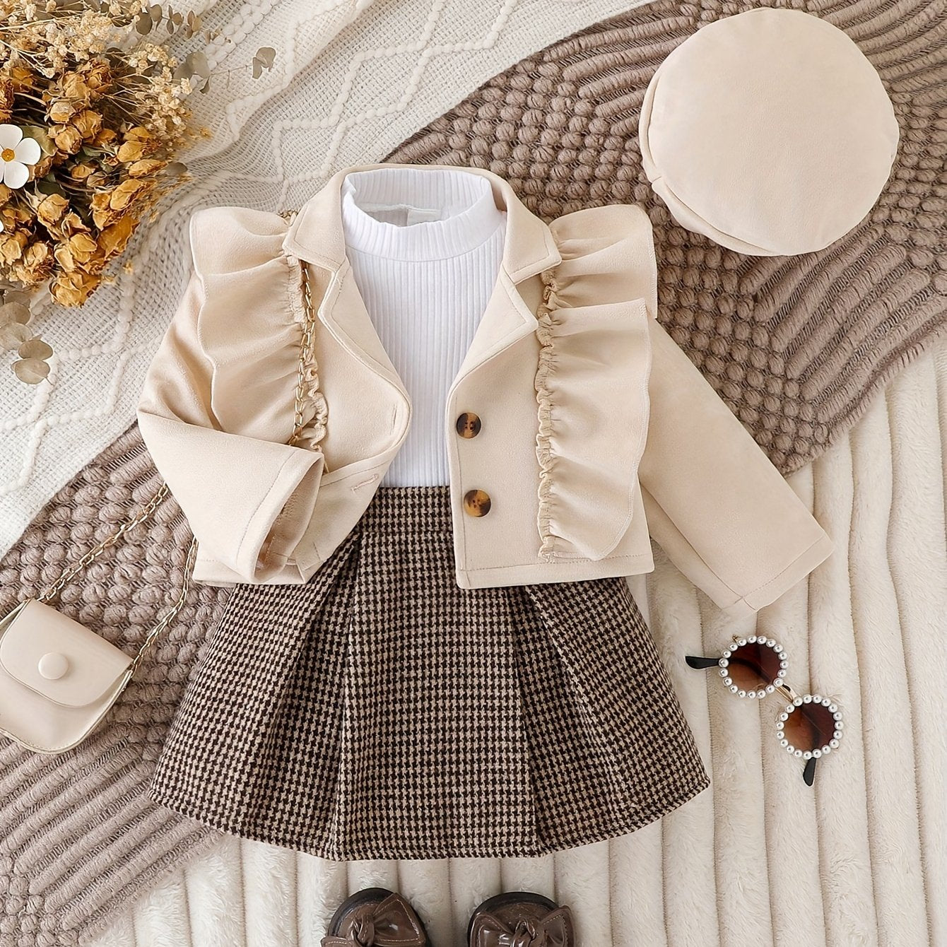Vintage Girls Set, Ruffle Trim Long Sleeve Lapel Top + Box Pleated Plaid Skirt + Matching Beret, Winter/ Fall Clothes, Casual Outdoor, Party, Gift