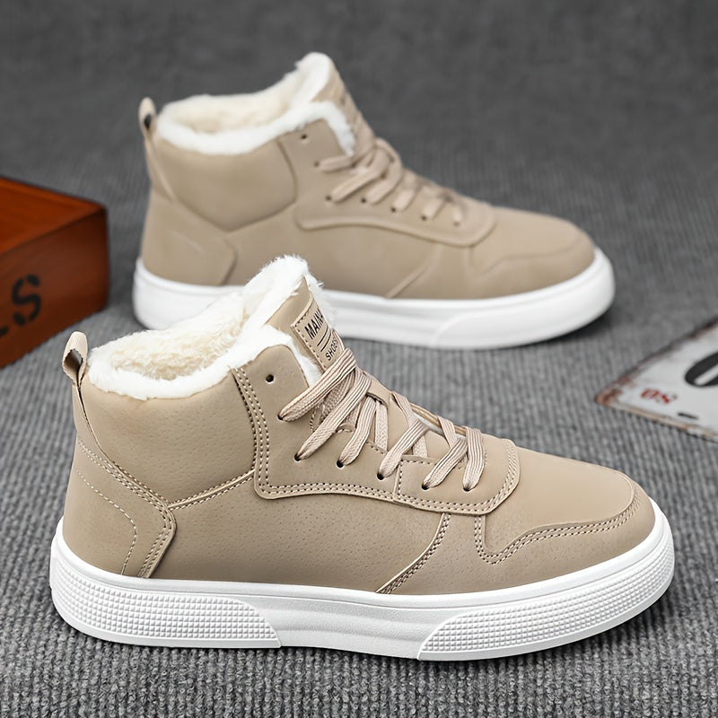 Men's Mid-Top Lace-Up Boots with Warm Plush Lining for Comfortable Winter Outdoor Street Walking and Strolling, Winter Boots