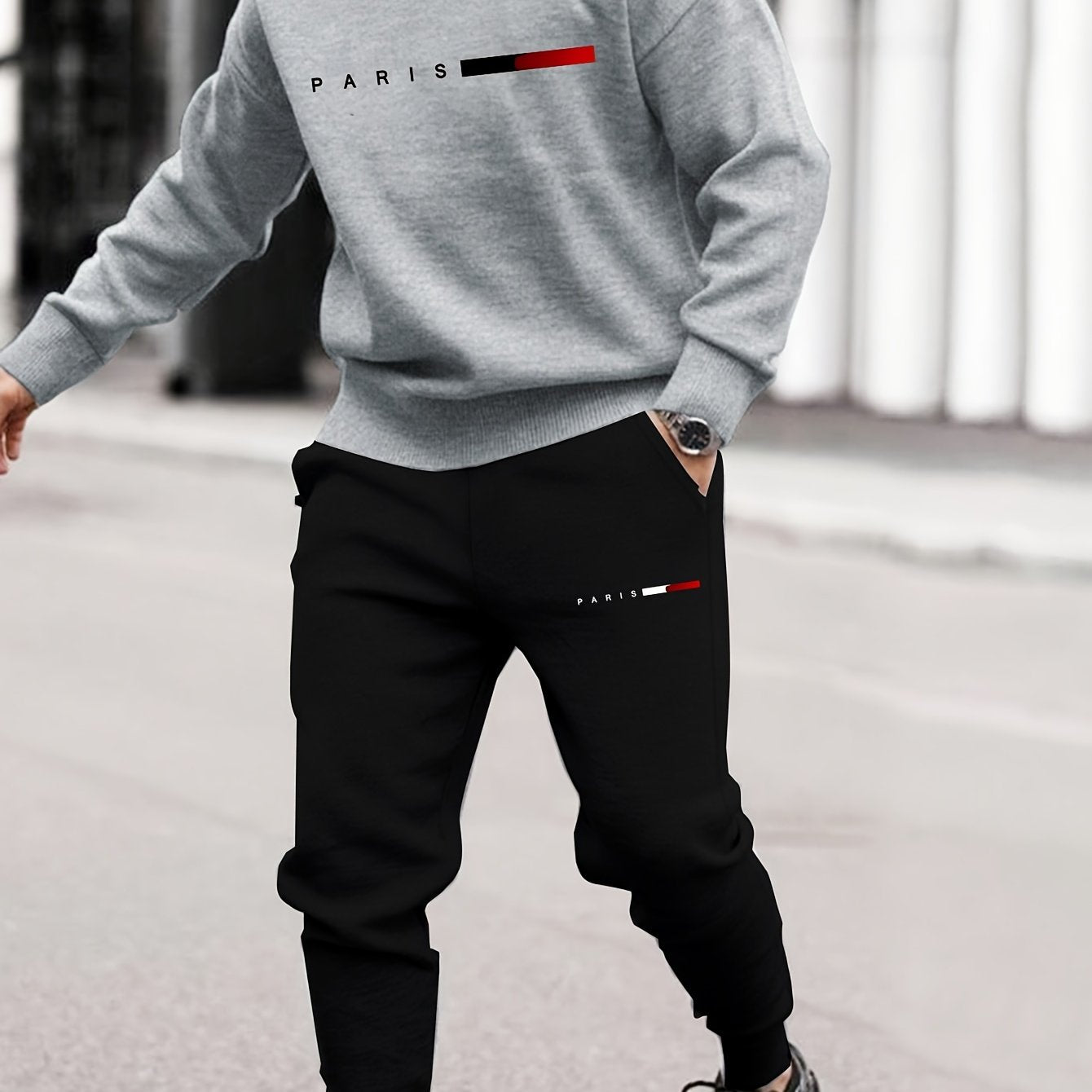 Men's Casual Sports Sweatshirt Set, Loose Fit Pullover Hoodie with Print, Polyester Blend, Round Neck, Stretch Knit, Autumn/Winter Collection