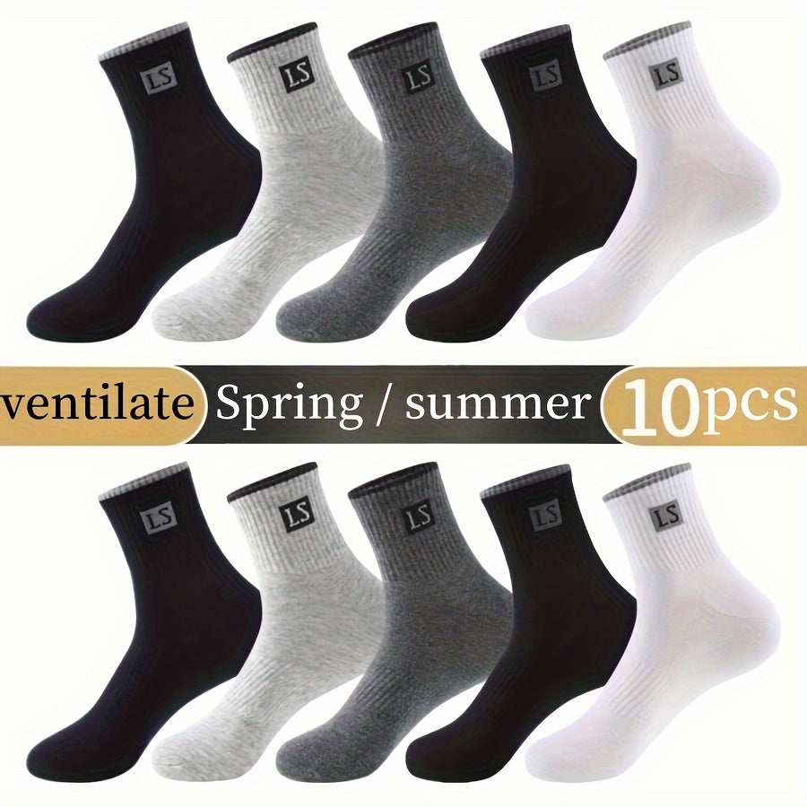 5/10 Pairs Of Men's Trendy Solid Crew Socks, Spring and Fall Breathable Comfy Casual Socks for Men's Outdoor Wearing All Seasons Wearing