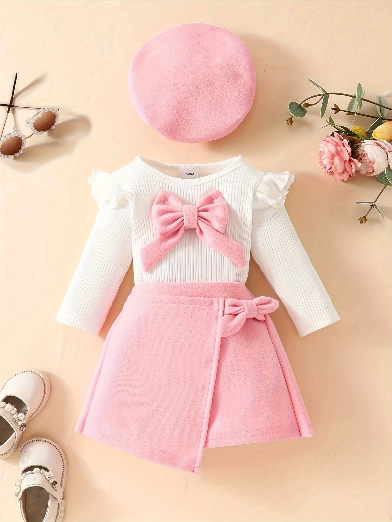 Honey Style Knitted Fabric Crew Neck Long Sleeve T-Shirt with Solid Color Flared Skirt and Beret Set for - Bow Detail Knee High Medium Stretch Fall/Winter Outfit
