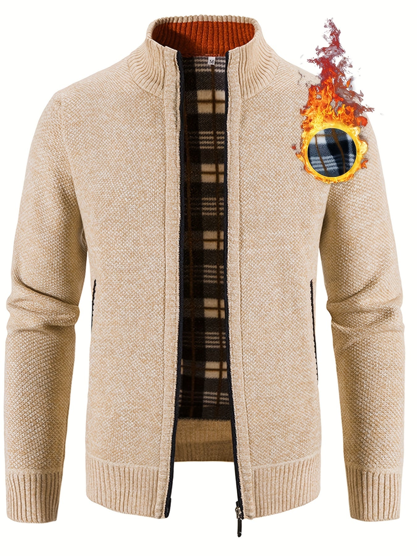 Men's Solid Fleece Knitted Cardigan With Pockets, Casual Long Sleeve Turtle Neck Zip Up Warm Sweater For Winter Fall Outdoor Activities