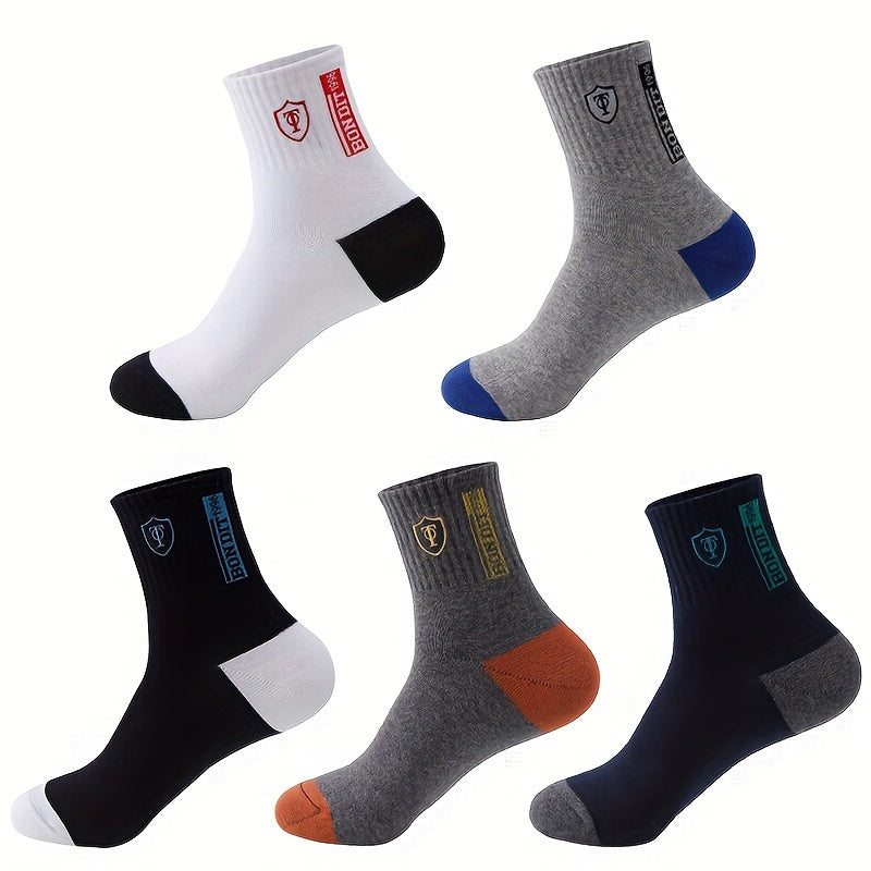 6 Pairs Men'S Cotton Sports Socks, Embroidered Sweat-Wicking Knit Fabric, Machine Washable, Mixed Color, Uncharged - No Box Included