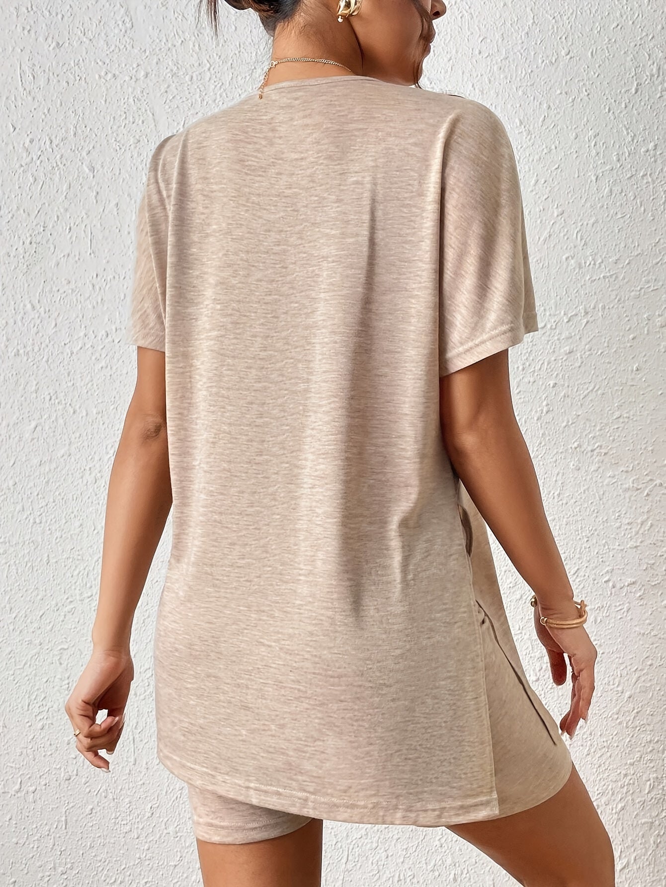 Casual Solid Color Comfortable Two-Piece Set, Bat Sleeve Round Neck Slit T-Shirt and Tight Shorts, Women's Clothing
