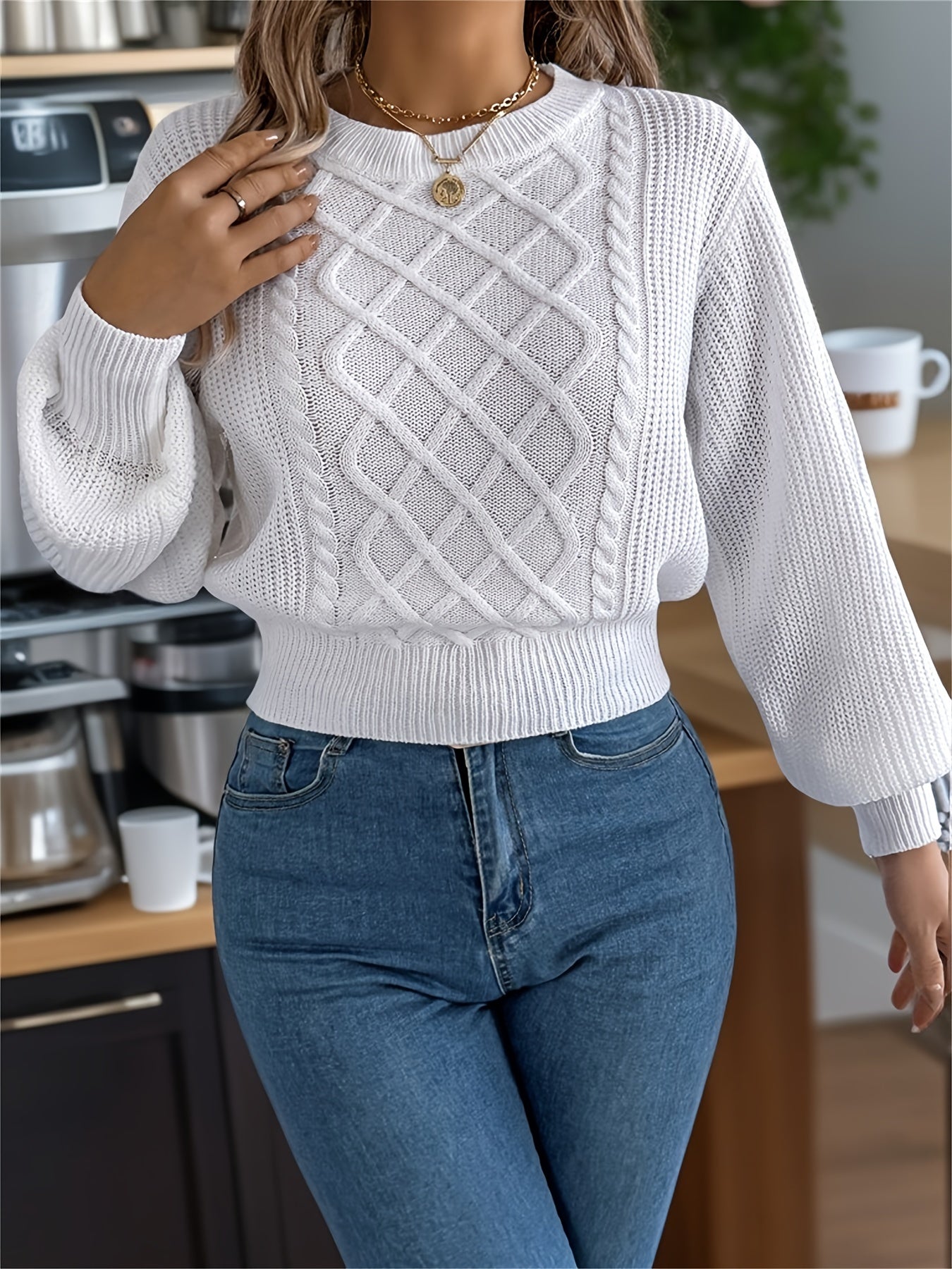 Elegant Cable Knit Sweater for Women - Casual Long Sleeve, Round Neck Pullover in Solid Color, Perfect for Fall/Winter