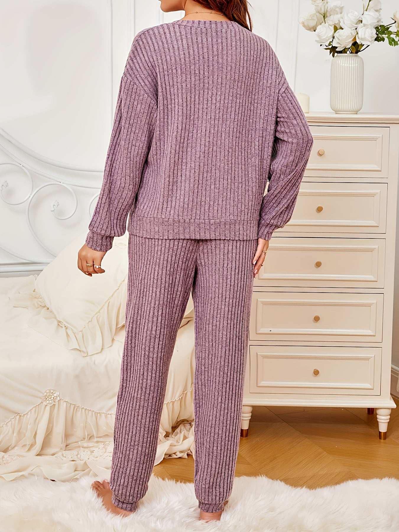 Women's V-Neck Ribbed Long Sleeve Pajama Set, Solid Color Street Style, Polyester Knit Fabric, Adult Home Loungewear, Autumn/Winter Season, No Detail, Long Pants Suit