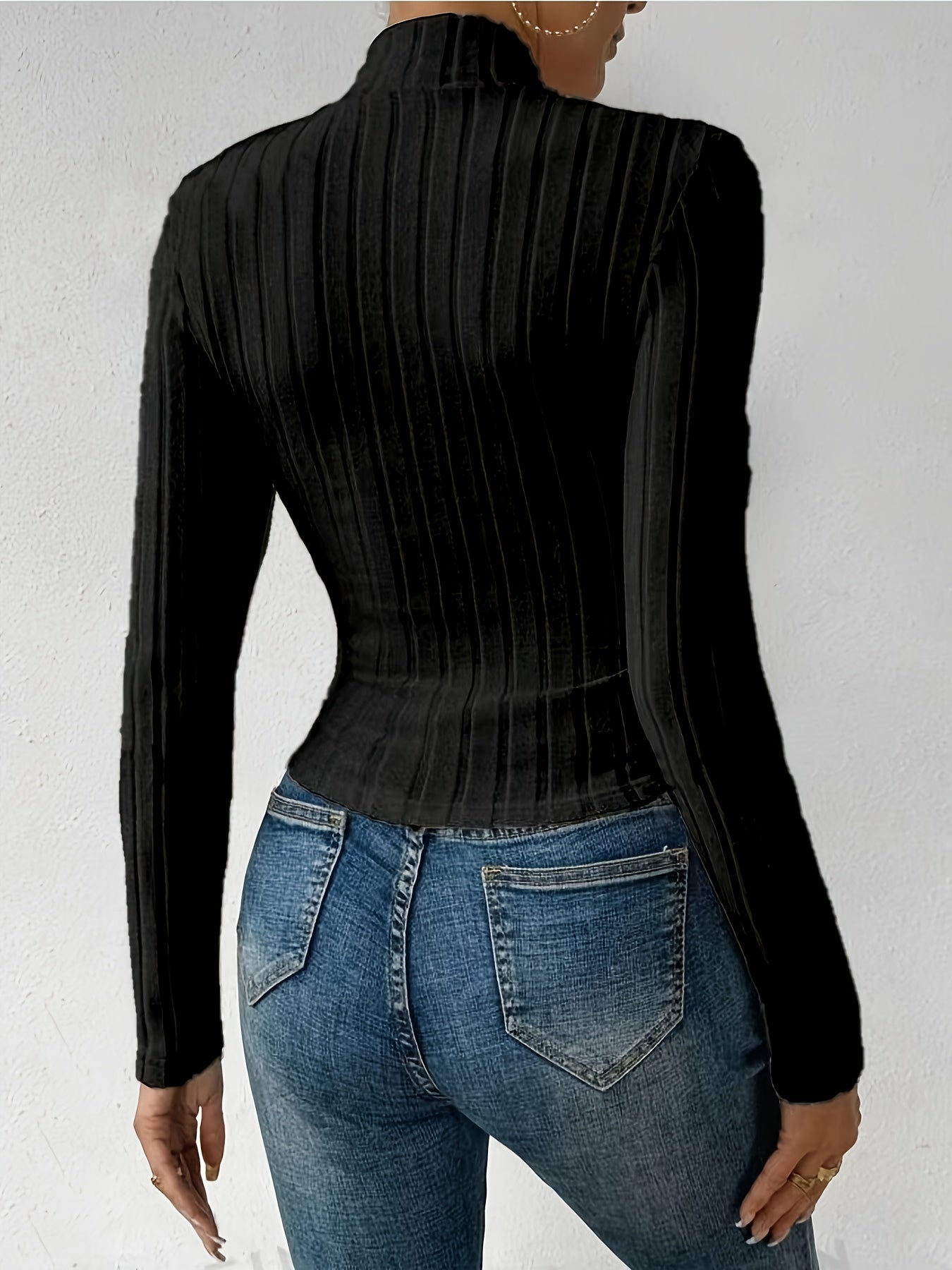 Fashion Ribbed Plain High Collar Long Sleeve Top Knitted Pullover