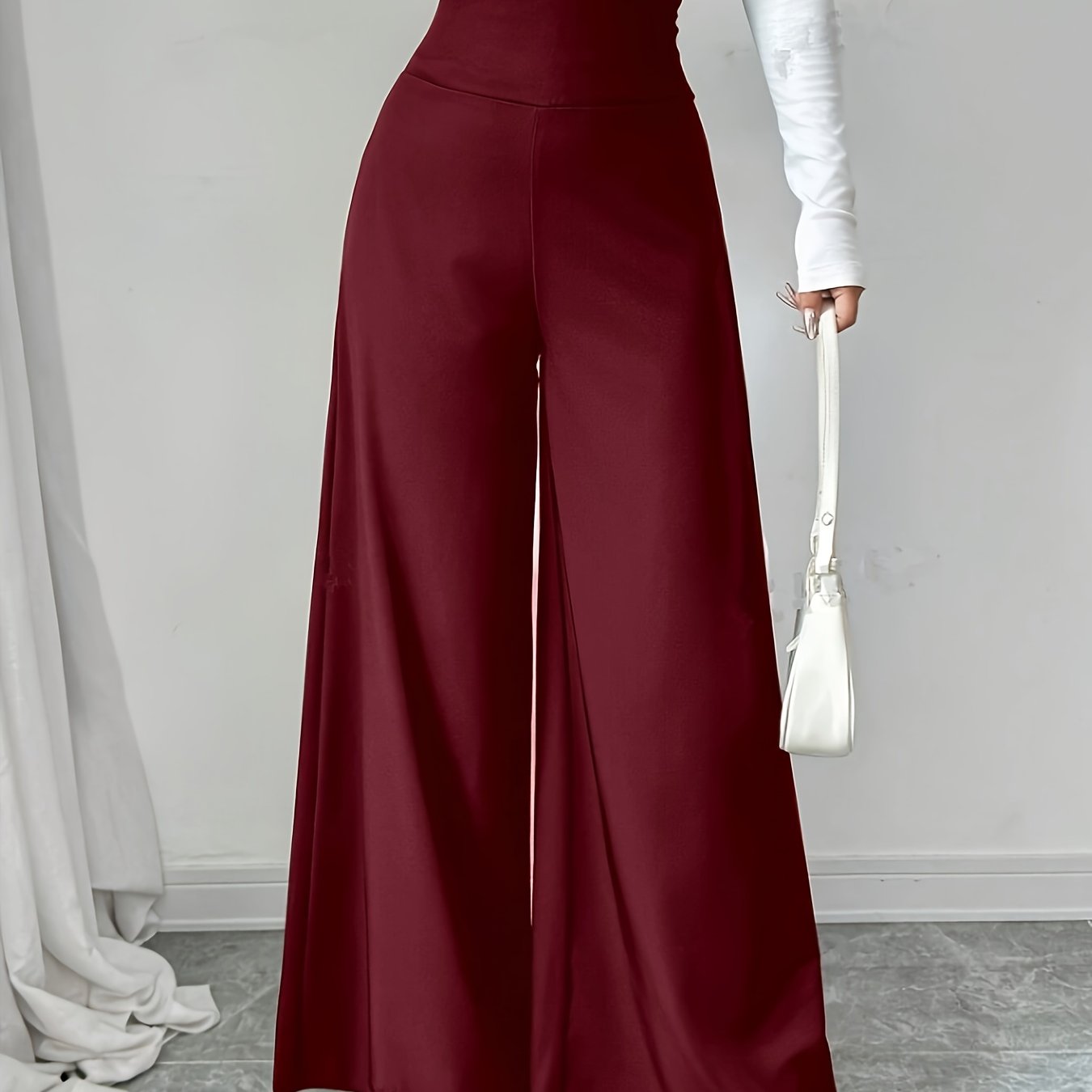 1pc Elegant High-Waisted Black Wide Leg Pants for Women, Solid Color Polyester, Regular Fit with Zipper Fly, All-Season Long Length Trousers with Zipper Detail