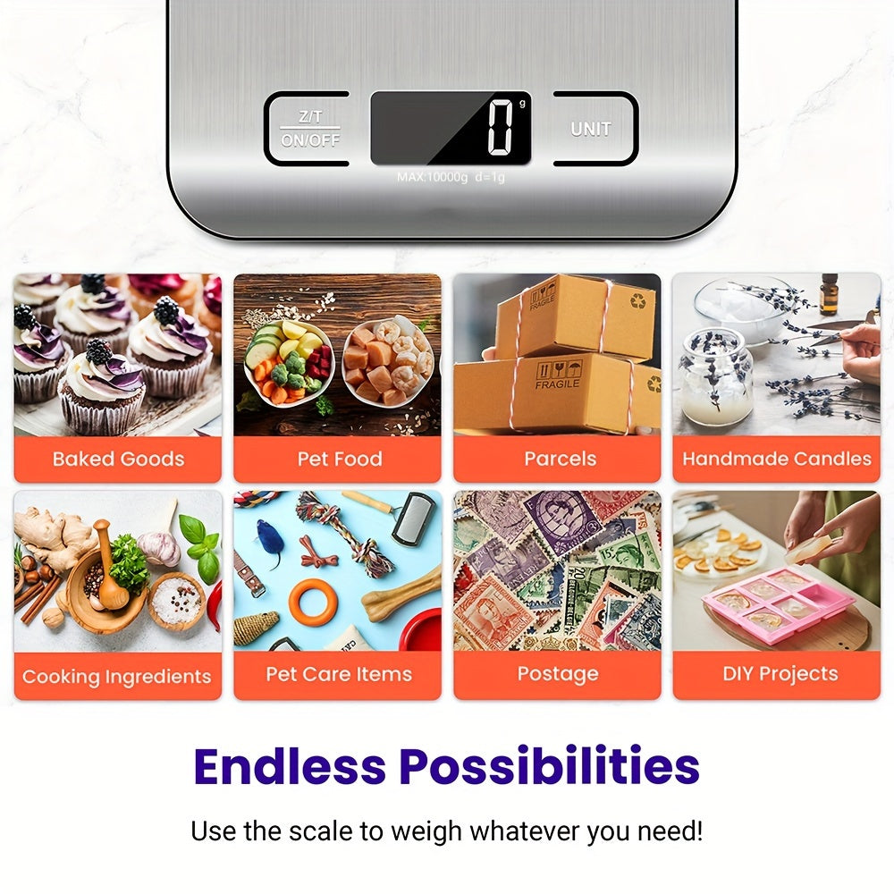 1pc High-Precision Digital Kitchen Scale, 22lb/10kg Capacity, Stainless Steel with LCD Display, Tare Function, Easy Clean, 6 Unit Measurements (g, oz, lb, kg, lb-oz), Ideal for Baking, Cooking, Coffee, and Packaging