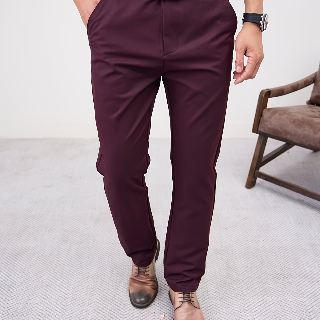 Men'S Casual Solid Color Regular Length Slight Stretch Woven Fabric Pants for Adult
