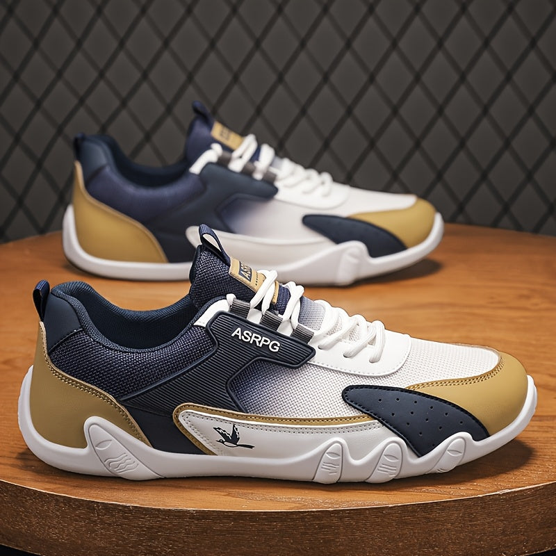 Men's Breathable Low-Top Casual Sneakers - Sporty Lace-Up Walking Shoes with Navy/White/Golden Accents, All-Season Outdoor Everyday Comfort, Durable Fabric Upper PVC Sole, Comfortable Footwear, Sleek Shoe Design, Lightwei