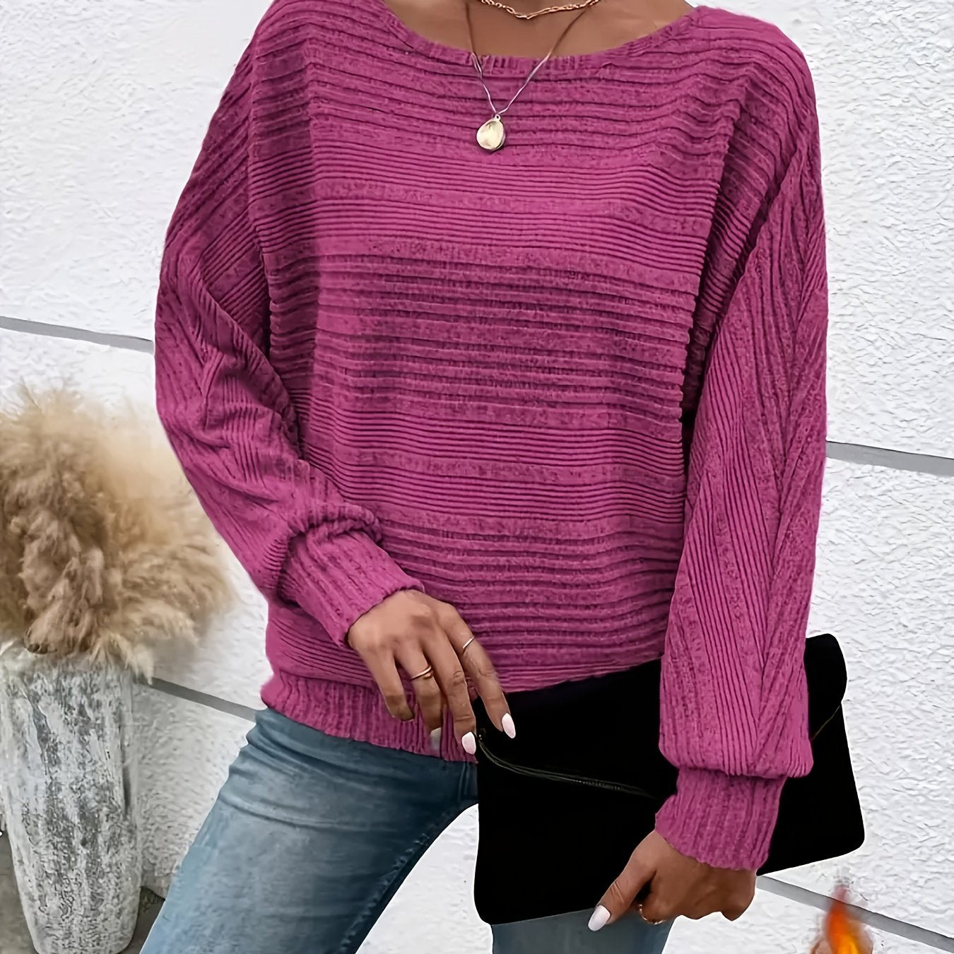 1 հատ Women'S Casual Crew Neck Knit T-shirt - պոլիեսթեր պինդ գույնի երկարաթև վերնաշապիկ գարնան/աշունի համար
