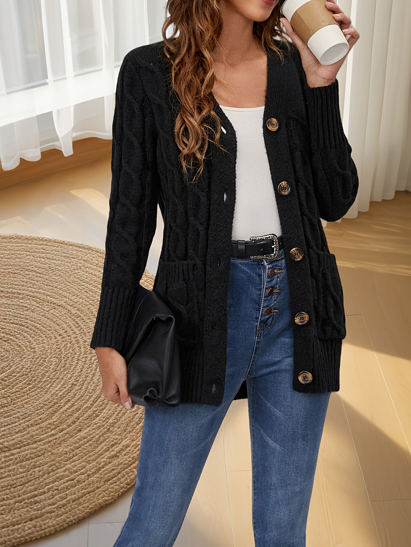 Elegant Women's Cable-Knit Cardigan - Cozy Button-Up V-Neck Sweater Jacket with Pockets, Long Sleeves in Heather Gray, 100% Polyester, Machine Washable for Fall/Winter