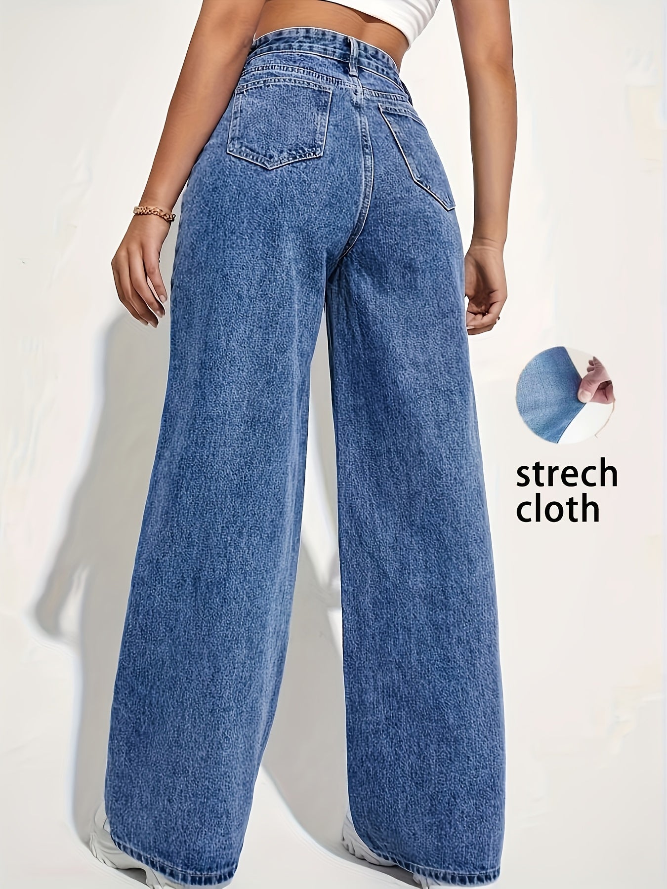 Women's Fashion Stretch Denim Long Pants, Casual Straight Leg Jeans with Zipper Fly, Viscose 68.00%, Polyester 25.00%, All-Season Solid Color Woven Trousers for Weekend Casual