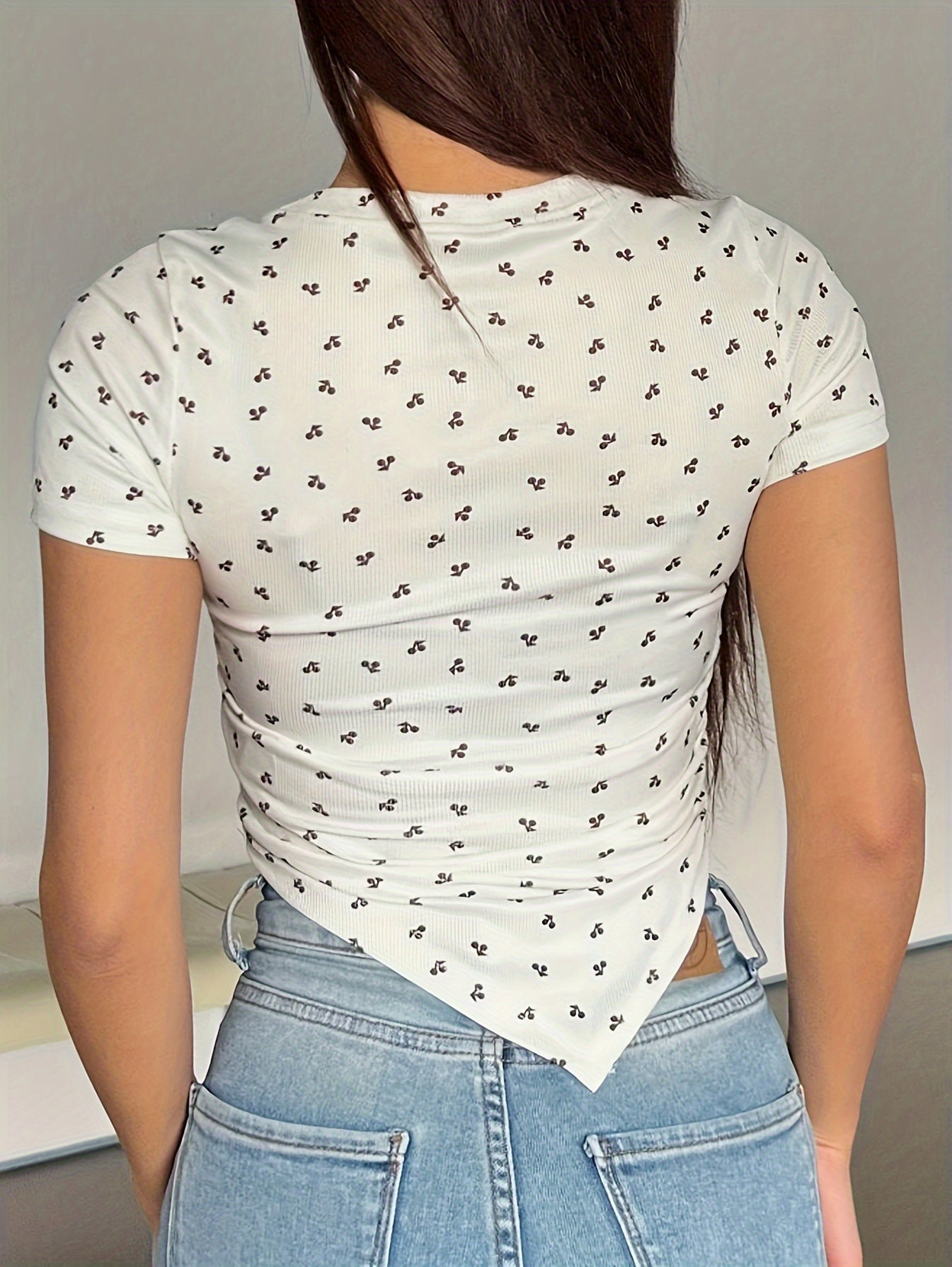 Women's Fruit and Vegetable Print Short Sleeve T-Shirt, Round Neck, Polyester Spandex Blend, Machine Washable - All Seasons
