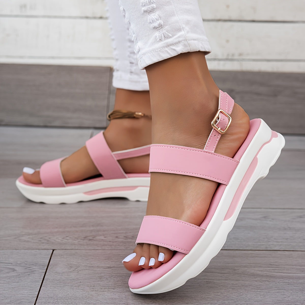 Women's Summer Plain Color Wedge Sandals, Casual Open-Toe Simple Thick Sole Beach Shoes with Comfortable Ankle Strap Wedges