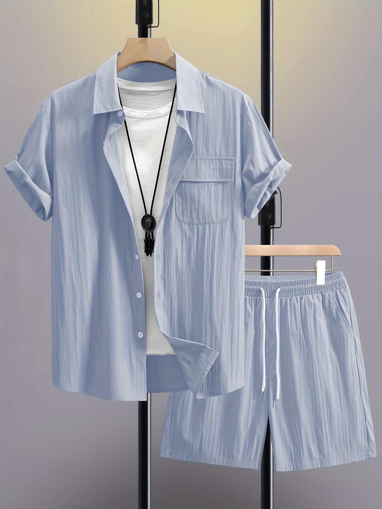 Men's Summer 2pcs Set: Casual Fashion Beige Short Sleeve Collared Shirt & Drawstring Shorts - Lightweight Blend, Ideal for Beach Vacations