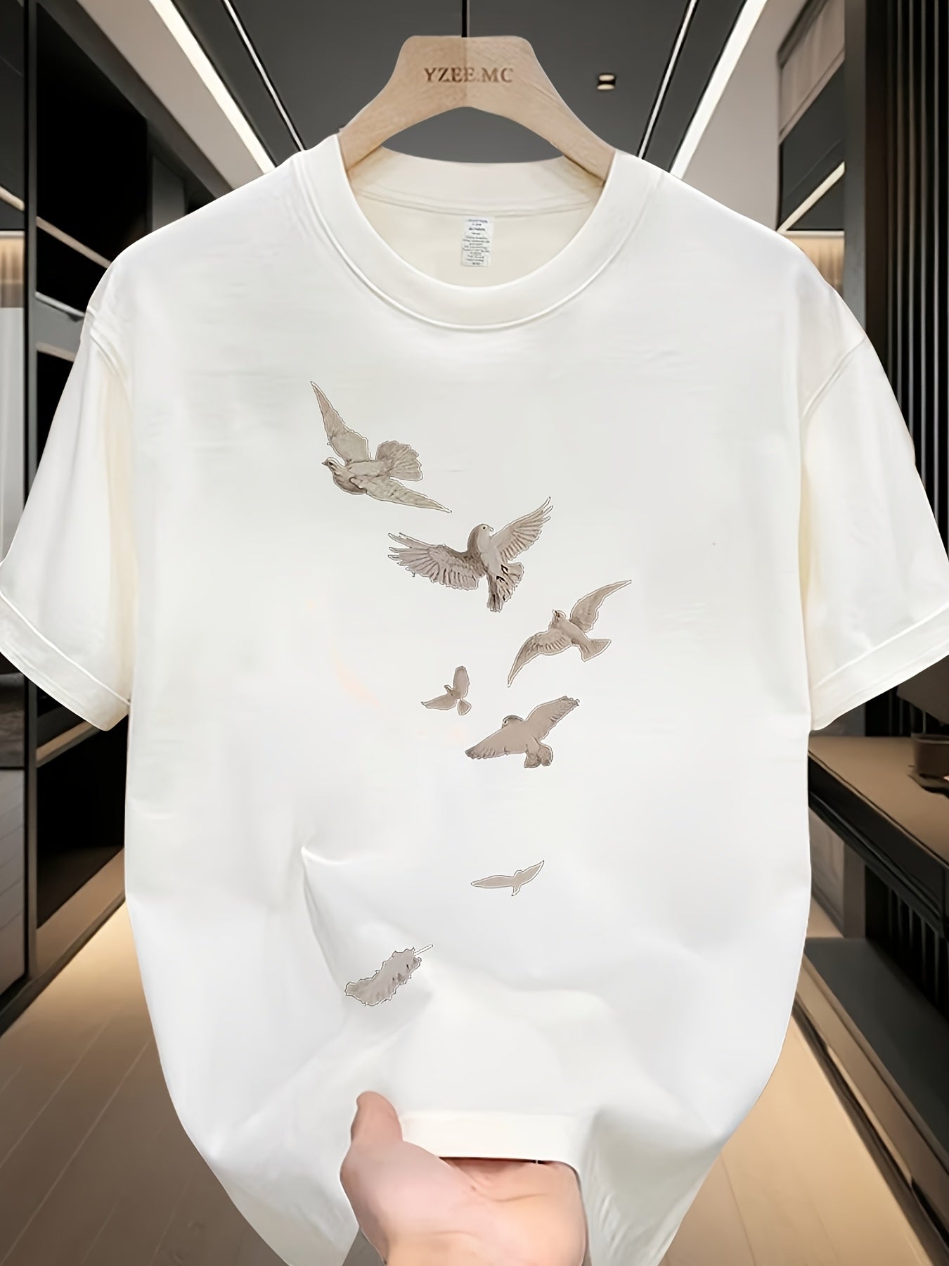 Men's Loose Fit Cotton T-Shirt - Casual Summer Short Sleeve Crewneck with Artistic Bird Print, Lightweight & Breathable for Casual Attire, Breathable Clothing | Relaxed Fit Shirt | Pure Cotton Fabric