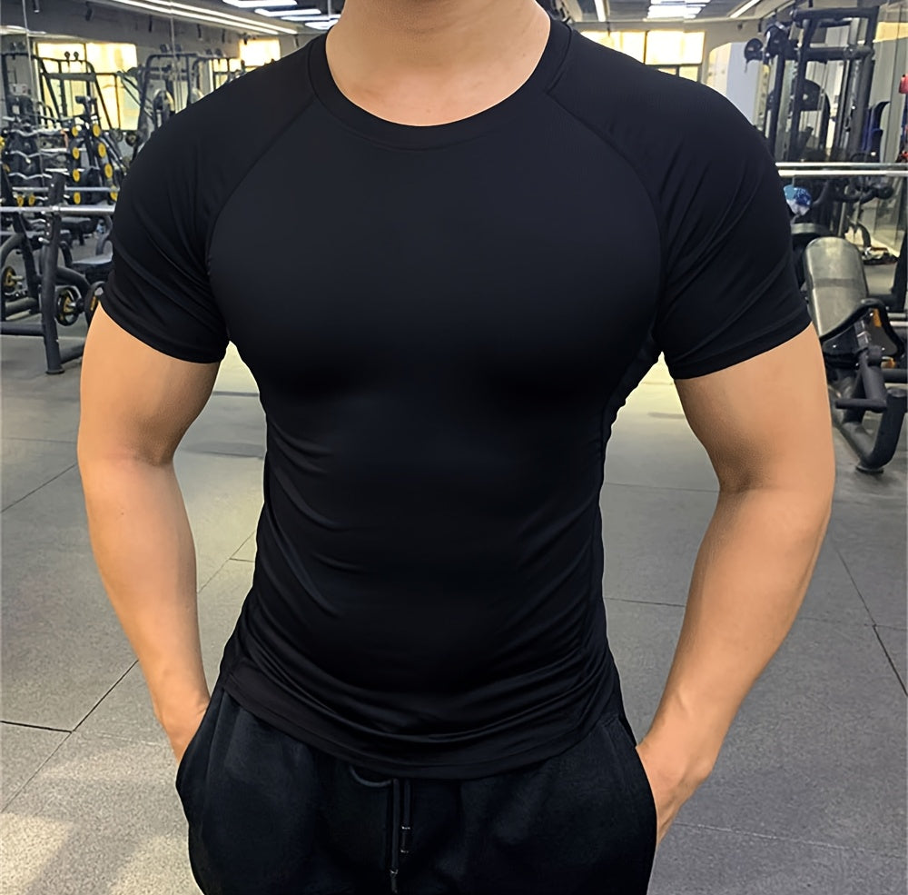 Men's Quick-Dry Athletic T-Shirt - Stretchy, Breathable Polyester, Short Sleeve, Round Neck, Black, Gym Running Workout Essential, Sports Clothing Sleek Athletic Tee Breathable Fabric, Workout Clothes