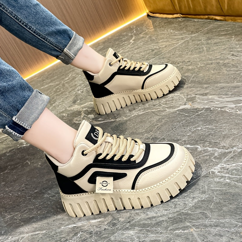 1 Pair Women'S Fashion Mid-Top Casual Sneakers, PU Upper, Fabric Lining, Rubber Sole, and EVA Insole, Lace-Up Design, with All-Season Versatile Athletic Shoes