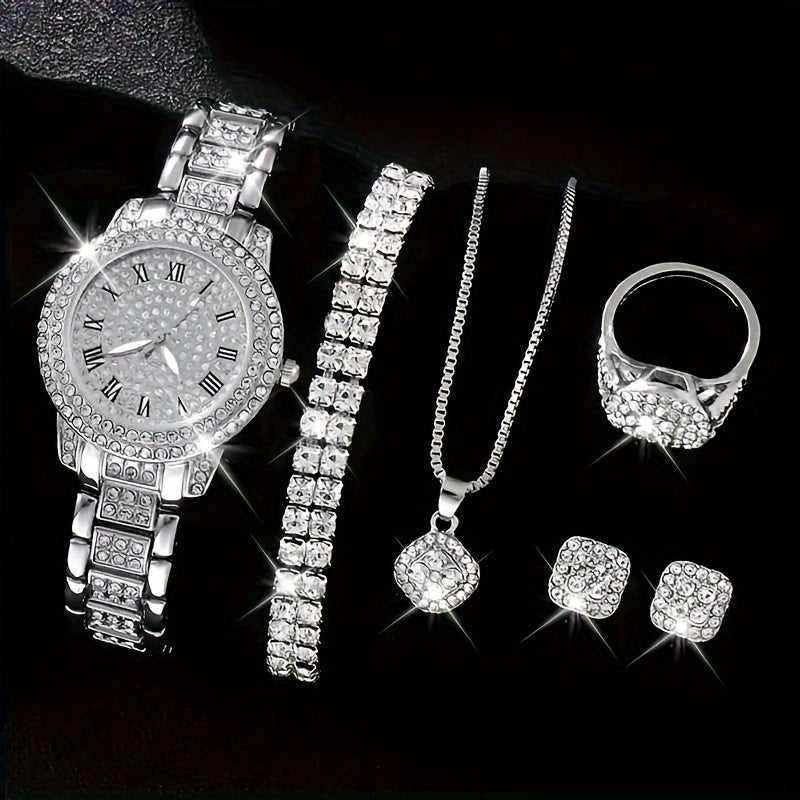 6pcs Luxury Fashion Women'S Jewelry Set, Rose Golden Stainless Steel Quartz Watch with Matching Necklace, Earrings, and Bracelet, Roman Numerals, Electronic Movement, Non-rechargeable Battery - Perfect Gift for Mom