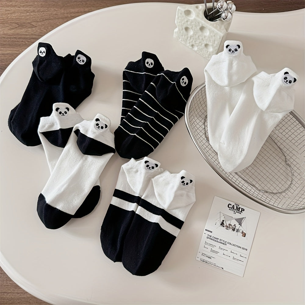 Women's Cotton Ankle-Length Socks 5-Pair Set with Panda Embroidery, Breathable Moisture-Wicking Knit, Anti-Odor, Seamless Toe, Stretch Spandex Blend - Size 200 Needle Count