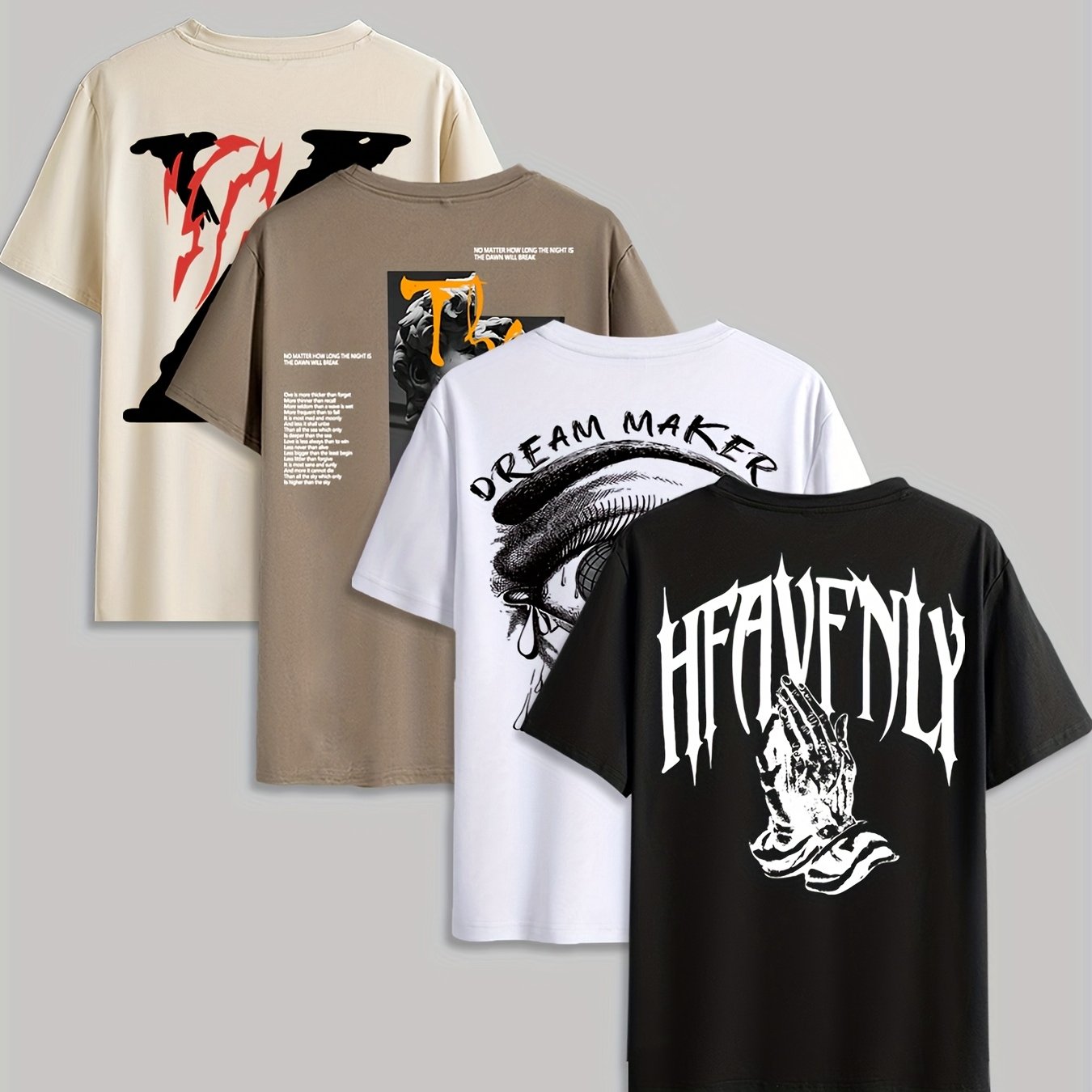 4pcs Men's Graphic Tees - "Heavenly" More Designs, Casual Crew Neck Short Sleeve T-Shirts in Beige, Black, White - Lightweight Polyester for Summer Outdoor Wear