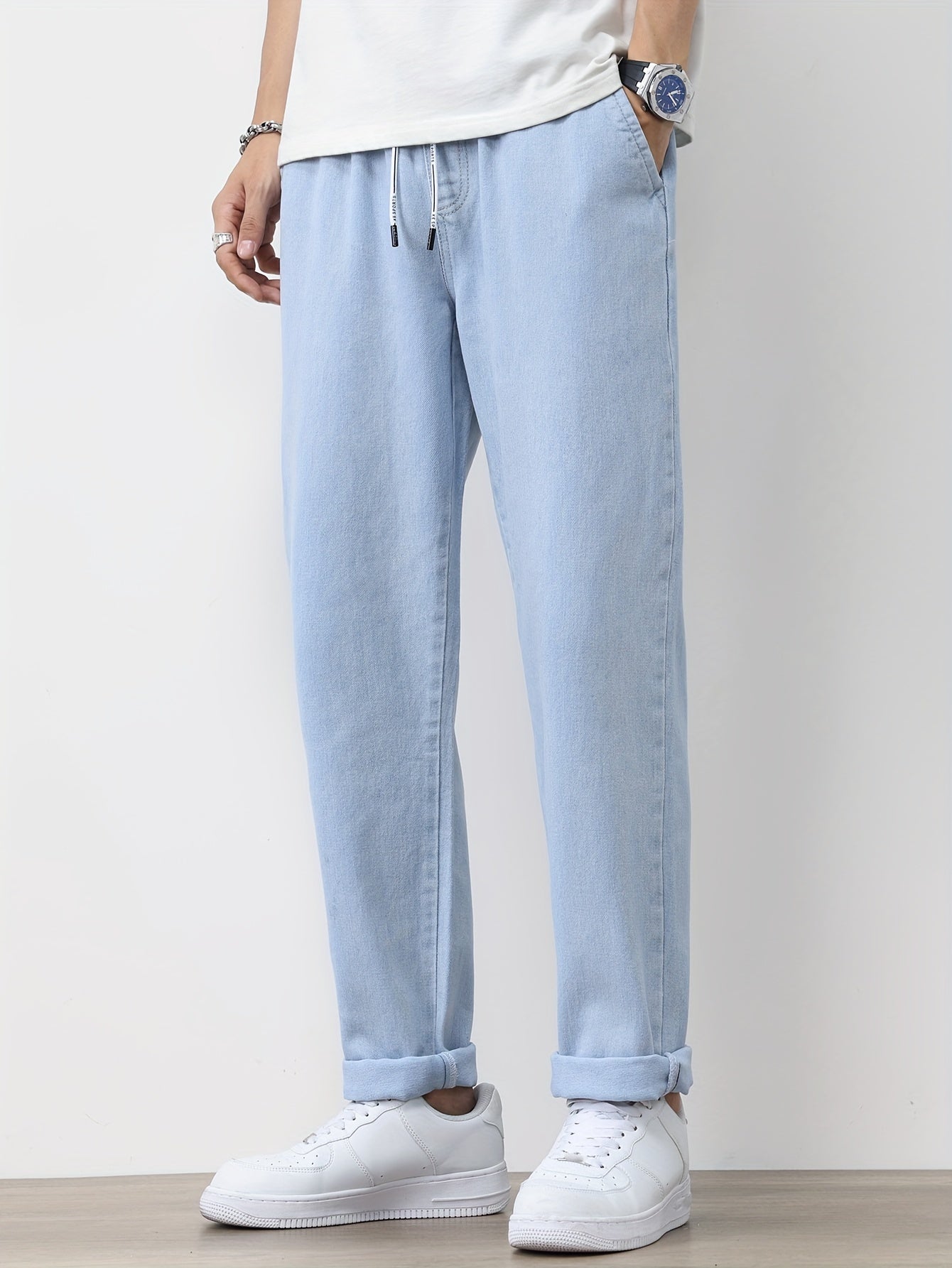Men's Solid Washed Denim Trousers With Pockets, Causal Drawstring Cotton Blend Barrel Jeans For Outdoor Activities
