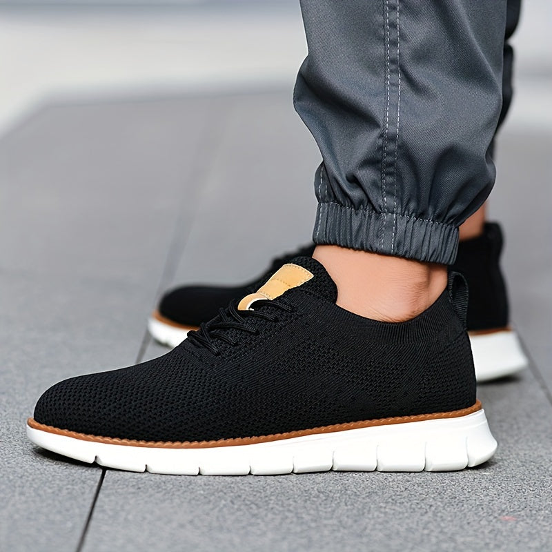 Men's Breathable Knit Business Casual Shoes - Beige with Brown Accents, Lace-Up, EVA Sole, Round Toe, Versatile for All Seasons, Dressy Shoes