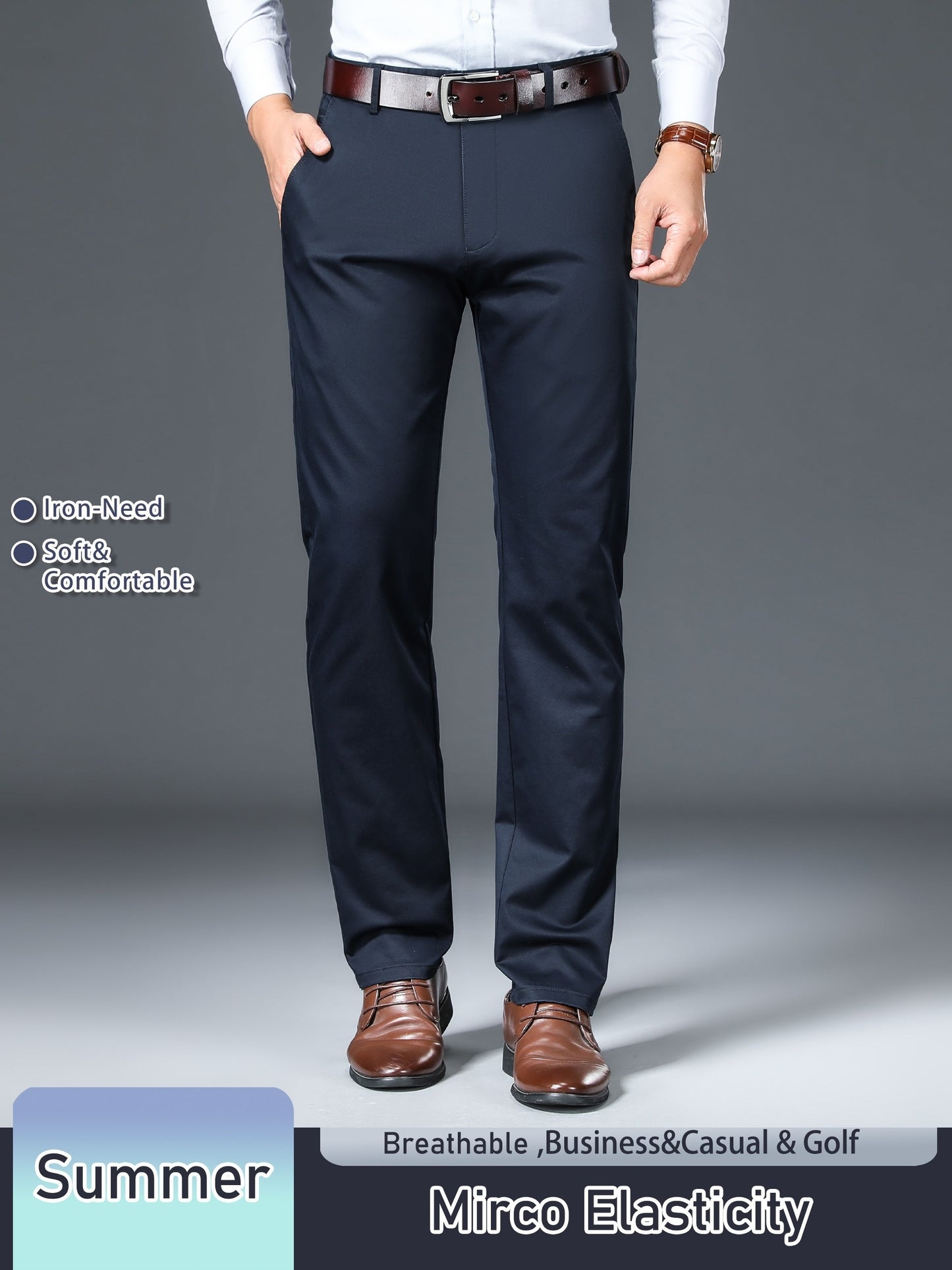 Men's Solid Color Straight Leg Business Style Cotton Blend Pants, Casual Comfy Breathable Outdoor Trousers As Gift
