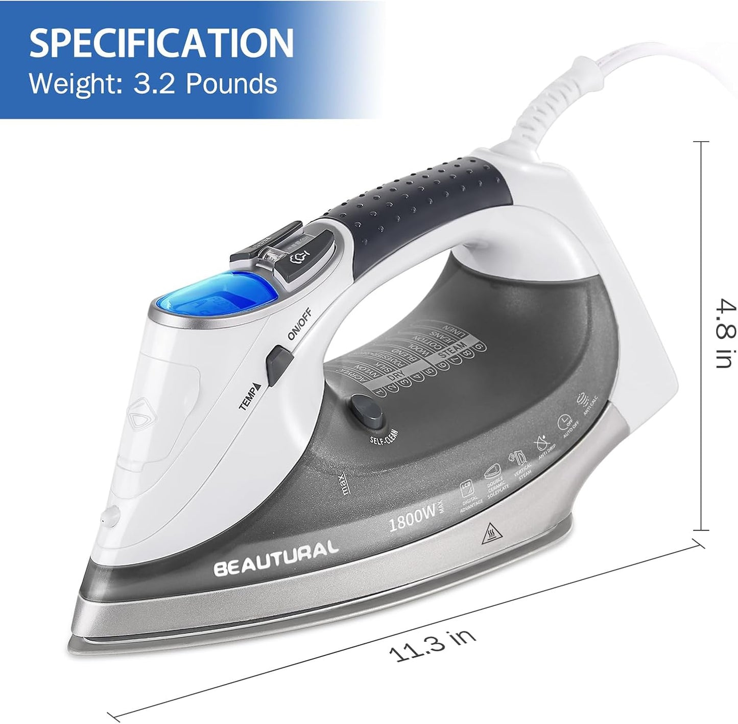 BEAUTURAL 1800-Watt Steam Iron with Digital LCD Screen, Double-Layer and Ceramic Coated Soleplate, 3-Way Auto-Off, 9 Preset Temperature and Steam Settings for Variable Fabric Gray