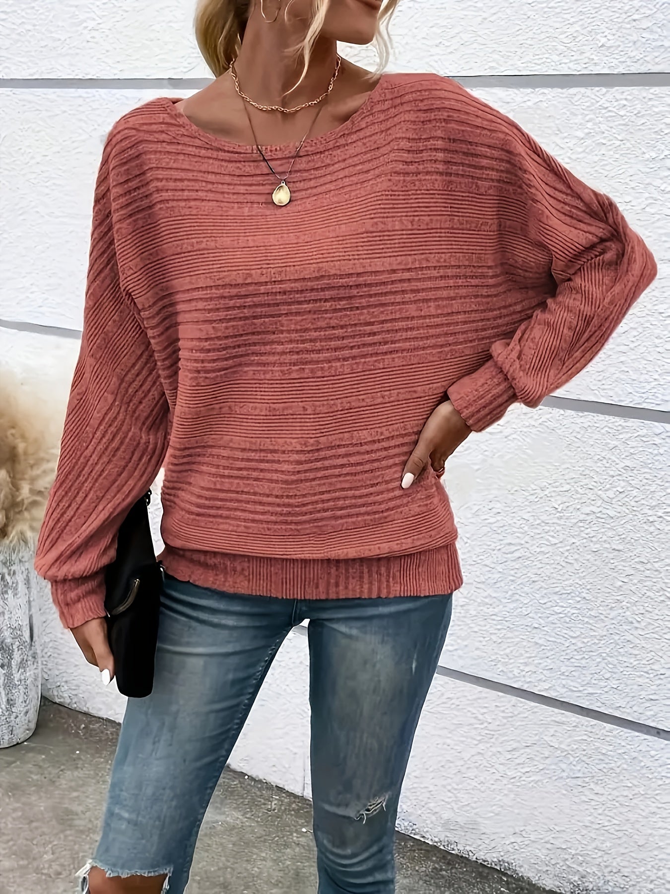 1 հատ Women'S Casual Crew Neck Knit T-shirt - պոլիեսթեր պինդ գույնի երկարաթև վերնաշապիկ գարնան/աշունի համար