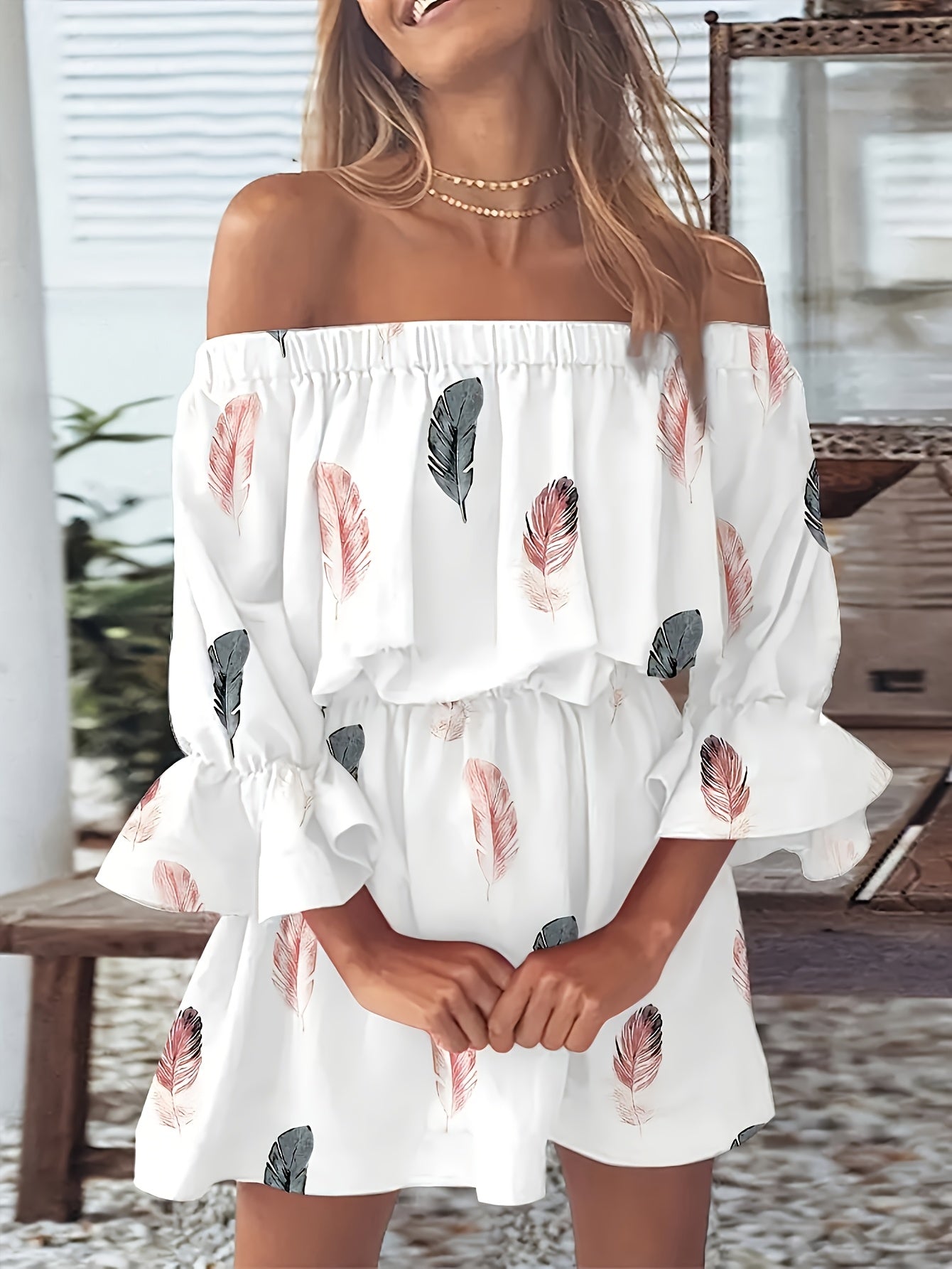 Print Dress for Women - Ruffle Trim, Half Sleeve, Stretchy Polyester Blend, Machine Washable