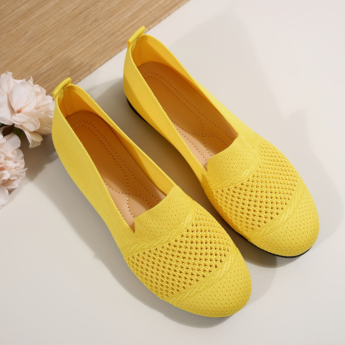 Women's Solid Color Knitted Flats, Lightweight Flat Soft Sole Walking Shoes, Round Toe Daily Footwear