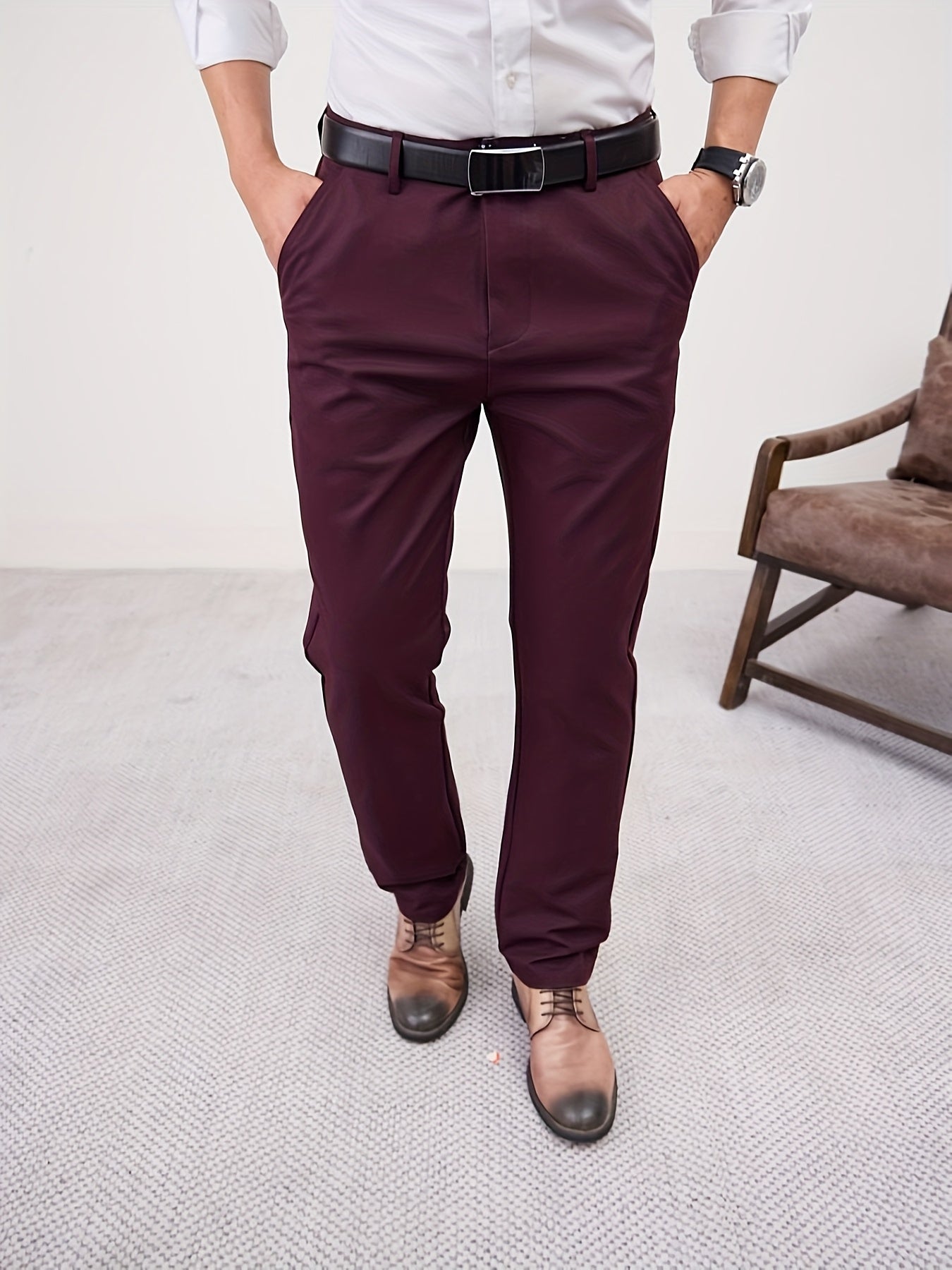 Men'S Casual Solid Color Regular Length Slight Stretch Woven Fabric Pants for Adult