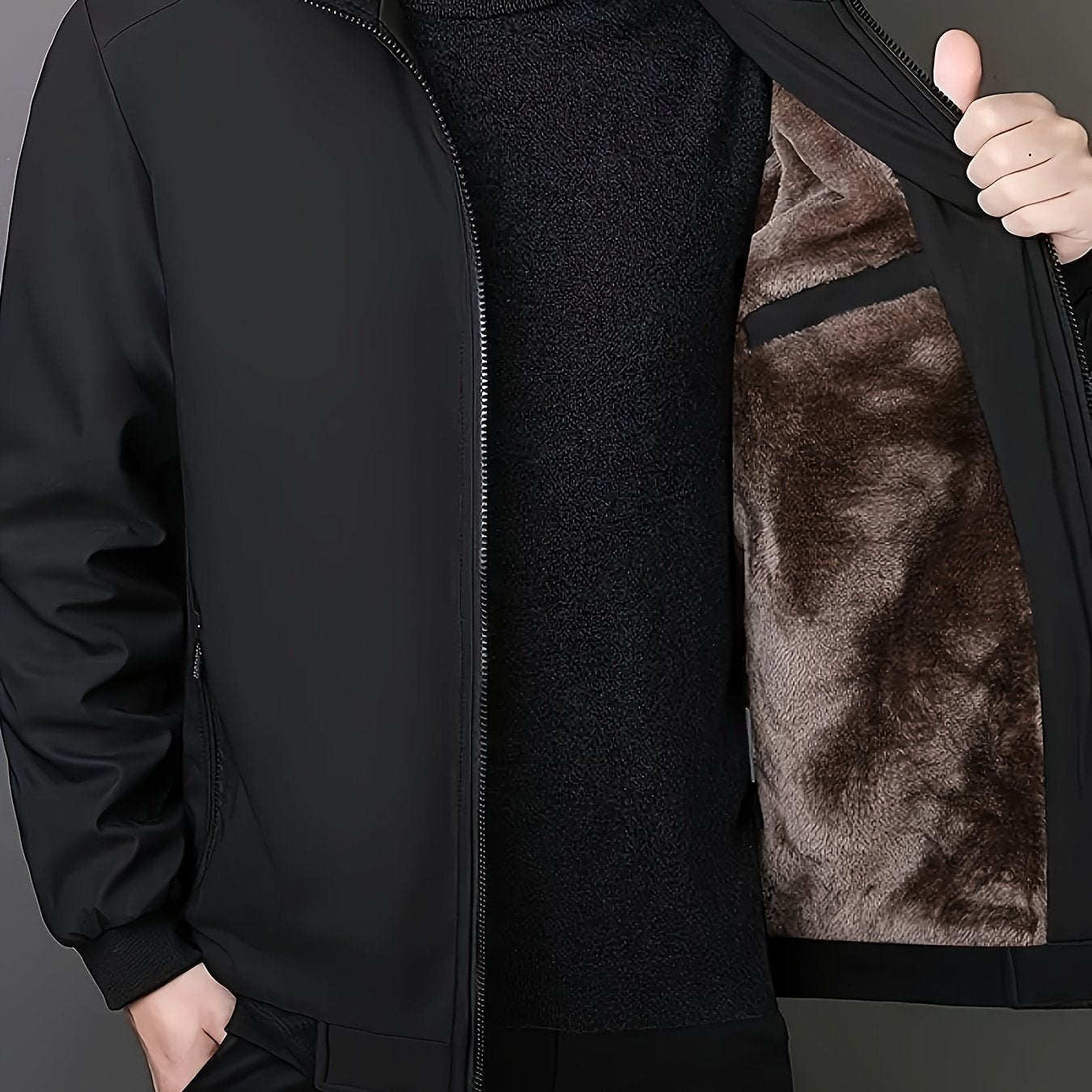 Men's Fleece-Lined Zip-Up Jacket - Casual Stand Collar, Outdoor Sports Coat with Pockets, Machine Washable