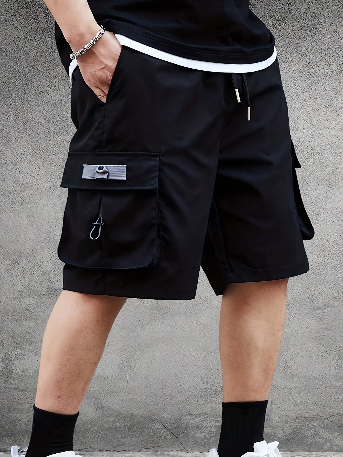 Men'S American Work Shorts, Casual, Solid Color, Loose Fit, Polyester, Woven, with Large Capacity Pocket and Personality Drawstring Design